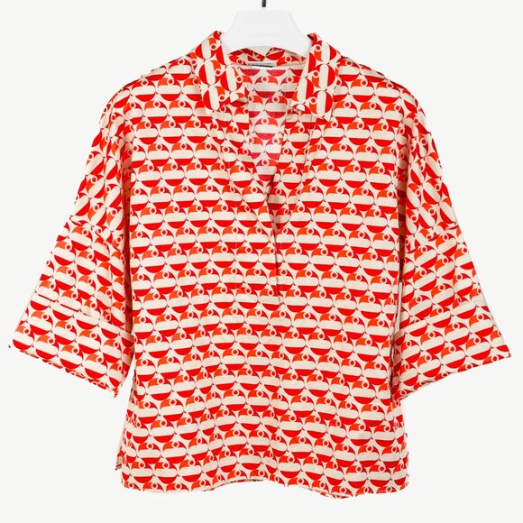 Akris Punto R/24 Off-White Cotton Satin Pelican Dot Printed Blouse - Picture 2 of 11